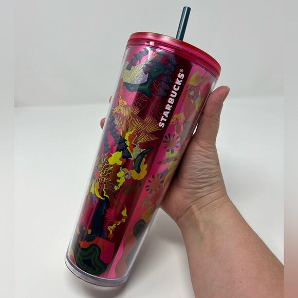 NWT Starbucks Fall 2023 Pink Ocean & Forest Floral Venti Cold Tumbler - Picture 3 of 6